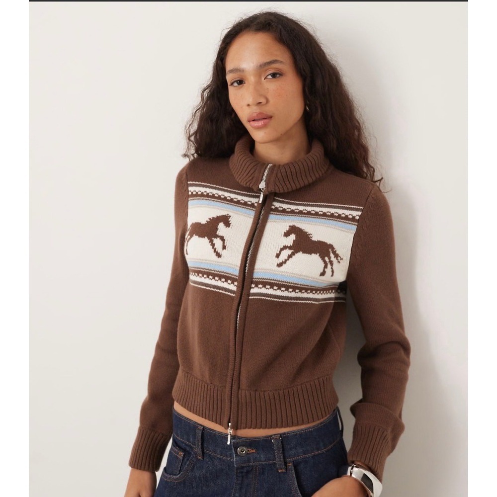Abercrombie & Fitch brown horse double zip fold over collar sweater size Small